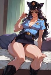 1girls ai_generated blake_belladonna blue_shirt cat_ears cleavage female indoors long_hair looking_over_eyewear looking_over_sunglasses medium_breasts police_hat police_uniform ramiram rwby skirt solo sunglasses thick_thighs tinted_eyewear wide_hips