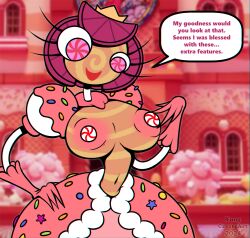 1girls alternate_version_available big_breasts candy candy_girl english_text exposed_breasts female female_focus humanoid nipples non-mammal_breasts pink_hair princess_loolilalu speech_bubble text the_amazing_digital_circus yungcreateart