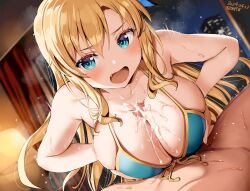 1boy 1girls belko bikini blonde_hair blue_eyes boku_wa_tomodachi_ga_sukunai breasts cleavage cum cum_between_breasts cumshot female high_resolution huge_breasts light-skinned_female light-skinned_male light_skin long_hair male paizuri penis sena_kashiwazaki titjob titjob