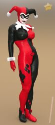 1girls 3d 3d_(artwork) batman_(series) big_breasts blue_eyes bodysuit boots curvaceous curvy curvy_female curvy_figure dc dc_comics deviantstar12 female female_only harley_quinn harley_quinn_(classic) hourglass_figure smirk smirking solo