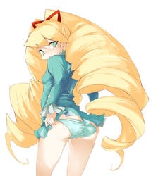 blonde_hair blue_panties blush capcom clothing dressing drill_hair green_eyes looking_back luna_platz mega_man mega_man_star_force no_legwear panties pulp_piroshi rockman ryuusei_no_rockman shirogane_luna shooting_star_rockman skirt smooth_skin underwear upskirt