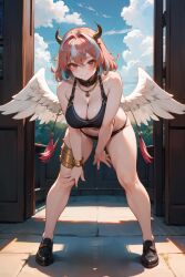 ai_generated angel barefoot blush emikukis horns huge_breasts jewelry multicolored_hair ricochetk smile sports_bikini sweat virtual_youtuber vtuber wide_hips wings