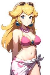 1girls ai_generated arms_behind_back big_breasts bikini blue_eyes busty cleavage female female_only hi_res large_breasts legs looking_at_viewer mario_(series) navel nintendo pink_bikini princess princess_peach sarong solo sunglasses sunglasses_on_head super_mario_odyssey thighs