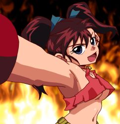 15.369_(artist) 1girls armpits bakusou_kyoudai_let's_and_go blue_eyes breasts brown_hair confident female female_only fire hair_ribbon highres jewelry looking_at_viewer medium_breasts midriff navel necklace no_bra oogami_marina open_mouth outstretched_arm ribbon sensual short_shorts shorts smile solo tank_top twintails underboob