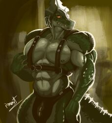 abs absurd_res anthro armor barazoku biceps bulge clothed clothing crocodile crocodilian crocodylid digital_drawing_(artwork) digital_media_(artwork) digital_painting_(artwork) fanfiction fangs fingers green_body harness headgear helmet hi_res league_of_legends leather male male/male muscular muscular_anthro muscular_male nipples orange_eyes partially_clothed pecs pinumontbalou renekton reptile scalie solo story story_at_source story_in_description tail teeth