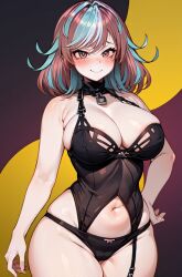 ai_generated blush cleavage emikukis huge_breasts multicolored_hair ricochetk smile sweat virtual_youtuber vtuber wide_hips