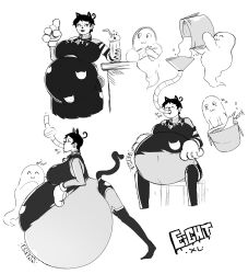 1girls belly belly_expansion big_belly cat_costume cat_ears eightxl female fizz_(eightxl) ghost huge_belly onomatopoeia stuffed_belly