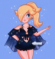 1girls 2d 2d_(artwork) artist_request artist_signature belly_button blonde_hair blue_eyes blush cute earring ellenet_(artist) female female_only happy looking_away mario_(series) nintendo ponytail princess princess_rosalina smile solo solo_female star_earrings super_mario_galaxy swimsuit tagme