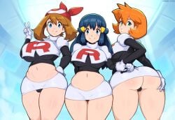 3girls ai_generated alternate_breast_size ass big_ass cameltoe corrupted corruption curvy dawn_(pokemon) enemy_conversion female female_only human kasumi_(pokemon) large_breasts looking_at_viewer may_(pokemon) mullon multiple_girls novelai pokemon pokemon_(anime) pokemon_dppt pokemon_rgby pokemon_rse team_rocket team_rocket_uniform thick_thighs