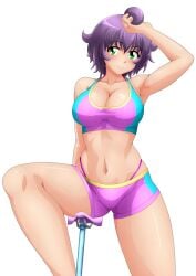 1girls arm_above_head arm_up armpits bicycle big_breasts breasts busty cleavage female female_only green_eyes highres large_breasts legs looking_at_viewer midriff navel original pose posing purple_hair seductive_look seductive_smile sensual sexy_armpits short_hair shorts smile solo sports_bra sportswear thighs thong whale_tail_(clothing) yukino_akaihi yukino_memories zel-sama