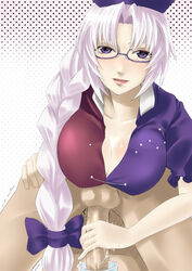 braid breasts cleavage clothed_female_nude_male cum cum_in_container cup eirin_yagokoro eyewear female gentle_femdom glasses hair_ribbon handjob hat large_breasts light_purple_hair lips long_hair milking_handjob motion_lines parted_lips penis pinky_out purple_eyes purple_hair smile sweat touhou trembling yuu_(archaic_smile)