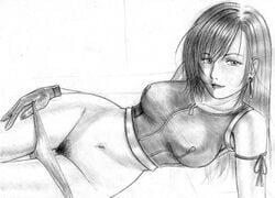 artist_request big_breasts breasts clothing covered_breasts dark_gloves dark_hair ear_piercing female female_only final_fantasy final_fantasy_vii final_fantasy_vii_advent_children front_view gloves greyscale hair hand_on_leg human light_skin long_hair looking_at_viewer monochrome mound_of_venus navel panties panty_pull partially_clothed piercing pinup pose pubic_hair sketch skin smooth_skin solo taut_shirt tifa_lockhart white_background