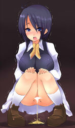 1girls blue_hair breasts censored cleavage clothing eyes_visible_through_hair female goban kirishima_sakura no_panties peeing sakura_sakura short_hair solo squatting trembling upskirt