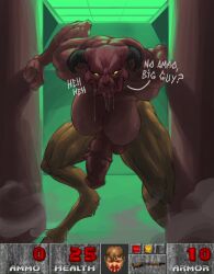 1boy 1futa 2_horns 5_fingers absurd_res animal_genitalia animal_penis anthro balls big_breasts blood bloodshot_eyes bodily_fluids breasts brown_body brown_fur brown_hair clenched_teeth colored demon detailed_background deu dialogue digital_drawing_(artwork) digital_media_(artwork) doom_(series) doom_slayer drooling duo dust equine_genitalia equine_penis featureless_breasts fingers floor fur futanari gameplay_mechanics genitals green_background gun hair health_points hell_knight hi_res hooves horn human humanoid id_software intersex intersex_focus larger_intersex light lighting looking_at_another male male_only mammal muscular muscular_intersex muscular_thighs no_sclera nosebleed nude orange_eyes penis pillar pupils question_mark ranged_weapon red_balls red_body red_penis red_skin red_text saliva saliva_string shotgun simple_background size_difference smaller_male solo standing talking_to_another teeth text wall_(structure) weapon white_pupils white_text