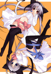 blue_eyes breasts cleavage copyright_request female female_only grey_hair kotamaru-mu multiple_girls navel no_panties pointy_chin red_eyes ribbon tail thighhighs underboob