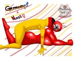 boobs countryhumans countryhumans_girl english_text female german_flag germany_(countryhumans) incest luisartz_(artist) male/female nashe nazi nazi_flag nazi_germany_(countryhumans) prone_bone red_body straight swastika sweat third_reich_(countryhumans) yellow_body