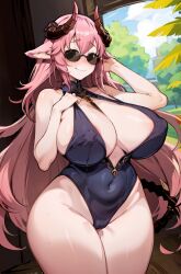 ai_generated bikini blush dragon_girl huge_breasts irelyth pink_hair ricochetk smile succubus sunglasses sweat tinted_eyewear virtual_youtuber vtuber wide_hips