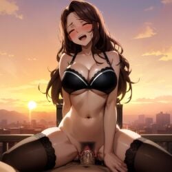 ai_generated bra cana_alberona closed_eyes fairy_tail orgasm partial_male payop skyline stockings sunset underboob vaginal_penetration vaginal_sex