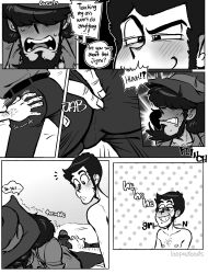 2boys arsene_lupin_iii bara beard blush bulge clothing comic daisuke_jigen dialogue english_text gay loopndoods lupin_iii male male/male male_only muscular_male text underwear yaoi