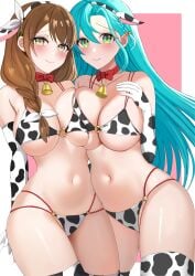 2girls absurdres animal_print aqua_hair asymmetrical_docking bikini bow braid breast_press breasts brown_hair chloe_(fire_emblem) cleavage cow_print cow_print_bikini elbow_gloves female female_only fire_emblem fire_emblem_engage gloves goldmary_(fire_emblem) green_eyes hair_over_shoulder hand_on_own_chest highres large_breasts multiple_girls nintendo orange_bow pink_background print_bikini red_bow side_braid sideboob simple_background smile swimsuit tara_(szzj7733) thighhighs underboob yellow_eyes