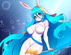 1girls :o alternate_costume azura_(fire_emblem) bare_thighs blue_hair breasts bridal_gauntlets bunny_ears bunny_girl bunnysuit covered_navel female female_only fire_emblem fire_emblem_fates hair_between_eyes inner_thighs jaxartdump large_breasts leotard light_blue_hair long_hair looking_back nintendo open_mouth solo spear thick_thighs thighhighs thighs very_long_hair weapon yellow_eyes