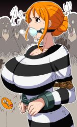 arms_tied ball_gag bondage cuffs drool drooling female female_focus gag gagged huge_breasts male nami nami_(one_piece) one_piece post-timeskip prison_uniform prisoner rebake-1453