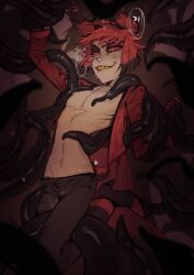 alastor_(hazbin_hotel) black_tentacles deer_ears hazbin_hotel male_only nipple_stimulation on_bed rubbing_penis sharp_teeth shirtless_male shocked_expression skinny_male tentacle tentacles thin_male