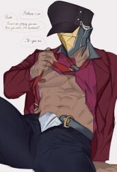 belt honkai:_star_rail ipc_guard_(honkai:_star_rail) leaking male male_only mask masked necktie pants purple_shirt red_jacket red_tie scars scars_all_over underwear undone_belt wen_znwei