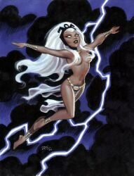 1girls 2000 2000s 2d_(artwork) artist_signature belly_button black_female black_lips boobs breasts brown_body bruce_timm color dated female flying lightning lips long_hair_female marvel marvel_comics storm_(x-men) tits white_hair_female x-men