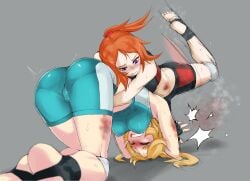 2girls arms_behind_head ass bare_shoulders black_gloves blonde_hair cameltoe catfight clenched_teeth closed_eyes closed_mouth female_focus fighting fingerless_gloves gloves grey_background highres long_hair midriff multiple_girls navel nexas orange_hair original pain ponytail purple_eyes simple_background sweat teeth