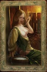 1girls ass barn breasts breasts_out brown_hair bucket_of_milk cd_projekt_red exposed_breasts holding_ladle long_brown_hair long_hair medieval milk milk_on_breasts official_art peasant peasant_woman peasant_woman_(the_witcher) pouring_on_breasts pouring_on_self romance_card_(the_witcher) solo_female spilled_milk spilling tagme the_witcher the_witcher_(series)