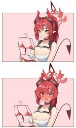 1girls 2d 2koma bikini_removed blue_archive blue_eyes blush comic demon_horns embarrassed female female_only girls_reacting_to_bikini_(meme) holding_clothes_hanger looking_at_object looking_at_viewer megu_(blue_archive) meme red_bikini ziro_(zirorong)