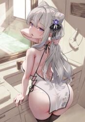 ass azur_lane bathroom black_thighhighs breasts bun_with_braided_base china_dress chinese_clothes classic_(zildjian33) cone_hair_bun dress female from_behind grey_hair hair_between_eyes hair_bun hair_dryer highres indoors long_hair looking_at_viewer medium_breasts mirror murmansk_(azur_lane) murmansk_(chamber_of_fragrance)_(azur_lane) official_alternate_costume official_alternate_hairstyle open_mouth paid_reward_available panties panty_peek pelvic_curtain purple_eyes reflection sink sleeveless sleeveless_dress smile solo thighhighs thighs underwear white_dress white_panties