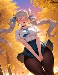 ai_generated autumn balecxi black_choker blue_necktie blue_skirt blush button_gap covering_crotch covering_privates earrings embarrassed female grey_hair hair_ribbon heart jewelry jinhsi_(wuthering_waves) large_breasts leaf long_hair miniskirt o-ring_choker open_mouth outdoors pantyhose pleated_skirt short_sleeves skirt_tug solo thighs tree twintails white_shirt wind wuthering_waves