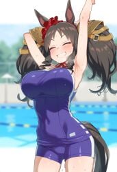 ai_generated animal_ears big_breasts black_hair bright_eyes curly_hair female horse_girl marvelous_sunday_(umamusume) ribbon school_swimsuit smiling stretching twintails umamusume umamusume_pretty_derby yellow_eyes