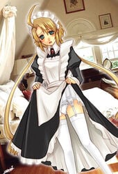 bed blonde_hair blush eternal_sonata garter_belt garters green_eyes maid panties polka thighhighs tied_hair trusty_bell twintails underwear window