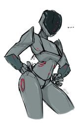 absurd_res android anthro armor barely_visible_genitalia barely_visible_pussy bikini breasts clothed clothing ellipsis faceless featureless_breasts female flat_chested genitals grey_body grey_skin headgear helmet hi_res humanoid machine metallic_body oxtra pussy ria_(oxtra) robot robot_humanoid screen screen_face skimpy solo string_bikini string_panties swimwear two-piece_swimsuit watermark