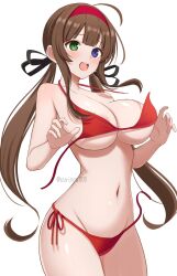 artist_name bikini black_ribbon blue_eyes blush breasts brown_hair cleavage cowboy_shot female green_eyes hair_ribbon hairband heterochromia highres large_breasts long_hair looking_ahead low_twintails marvelous navel open_mouth red_bikini red_hairband ribbon ryoubi_(senran_kagura) senran_kagura senran_kagura_new_link senran_kagura_shinovi_versus side-tie_bikini_bottom simple_background solo stomach surippa1010 swimsuit thighs twintails untied_bikini white_background