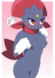 2025 anthro blush bodily_fluids breasts female generation_4_pokemon navel nintendo nipples nude pokemon pokemon_(species) red_eyes solo sweat sweatdrop umisag85rabb99 weavile