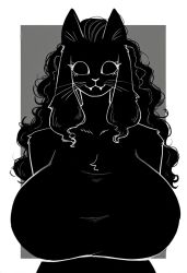 ai_generated anthro anthro_female black_body black_eyes black_fur black_hair cat_ears curly_hair demon fangs featureless_breasts felid feline female_focus female_only furry_female furry_focus giant_breasts large_breasts long_hair looking_at_viewer mature_female whiskers