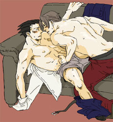 2boys boxers couch gay gyakuten_saiban handjob male male_only miles_edgeworth naruhodou_ryuuichi narumistu open_clothes open_shirt shirt topless undressing wrightworth yaoi