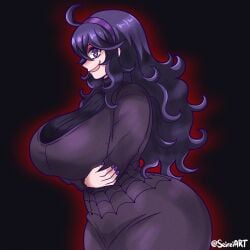 1girls artist_name big_ass big_breasts breasts clothed_female hex_maniac huge_breasts light-skinned_female long_hair pokemon pokemon_xy purple_eyes purple_hair seireiart smile solo solo_female thick_thighs thighs watermark