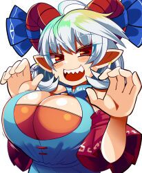 big_breasts horn lowres sharp_teeth touhou white_hair xialu_zajin yuuma_toutetsu