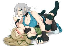 2girls :p all_fours asphyxiation bare_shoulders black_footwear black_gloves blonde_hair blue_eyes blue_footwear blue_lips blush boots breast_press breasts catfight choker choking cleavage clenched_teeth closed_eyes collarbone cowgirl_position drooling female_focus fingerless_gloves freezer_katakura gloves green_ribbons grey_hair hair_ribbon holding_another's_wrist ishikari_mina large_breasts legs_up licking_lips lipstick long_hair looking_at_another looking_down lying makeup multiple_girls natsumi_saotome naughty_face nexas on_back ponytail restrained ribbon ring_dream saliva short_hair simple_background sleeveless smile strangling sweat symmetrical_docking teasing teeth toned tongue tongue_out white_background wrestling yuri