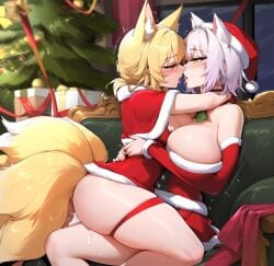 2girls animal_ears blonde_hair blush breasts christmas christmas_ornaments christmas_tree fourina fox_ears fox_tail french_kiss futa_on_female gift hat high_school_dxd jeanne_d'arc_(alter)_(fate) kissing koneko_toujou large_breasts multiple_girls ran_yakumo red_gloves santa_costume santa_hat sitting_on_lap straddling tail thighs tongue tongue_out touhou trembling yakumo_ran yellow_eyes yuri