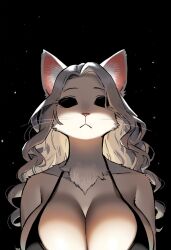 ai_generated alien anthro anthro_female black_eyes cat_ears cleavage curly_hair felid feline female_focus female_only furry_female furry_focus giant_breasts large_breasts long_hair looking_at_viewer mature_female whiskers white_body white_fur white_hair