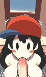 ai_generated black_eyes black_hair blowjob blush_stickers earthbound female genderswap genderswap_(mtf) large_breasts long_hair looking_at_viewer male_pov mother_(series) mother_2 motion_lines naked ness nude oral pixai red_baseball_cap rule_63 sideways_hat solo upper_body