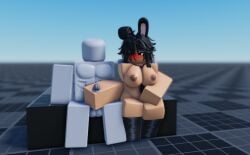 1boy 1girls 3d anon anonymous_male areolae babygoo25 balls baseplate breasts bunny_ears bunny_girl embarrassed_nude_female grey-skinned_male handjob muscular_male naked_thighhighs nipples nyxwastaken penis roblox roblox_avatar robloxian self_upload sitting tagme thighs world_tower_defense