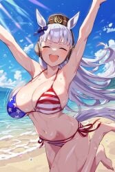 ai_generated american_flag_bikini animal_ears ear_muffs female gold_ship_(umamusume) horse_girl long_hair pink_eyes ribbon_in_hair silver_hair umamusume umamusume_pretty_derby