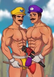 2boys abs biceps blue_eyes brother/brother brothers brown_hair bulge bulge_through_clothing chest clothing cosplay duo facial_hair fit fit_male gay gay_incest gloves hat holding_object incest kappax light-skinned_male light_skin luigi male male/male male_nipples manly mario mario_(series) mature mature_male mature_man mostly_nude moustache muscular muscular_arms muscular_male nintendo nipples outdoors pecs plumber plunger purple_hat purple_speedo smile speedo thick_eyebrows triceps waluigi_(cosplay) wario_(cosplay) white_gloves wrench